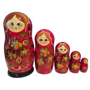 Hand-Painted Russian Matryoshka Nesting Dolls Set Of 5 Floral Design Glossy Red